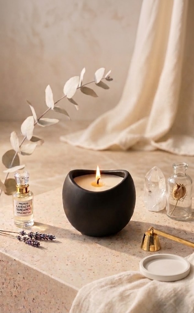 Lit candle in a matte black bowl