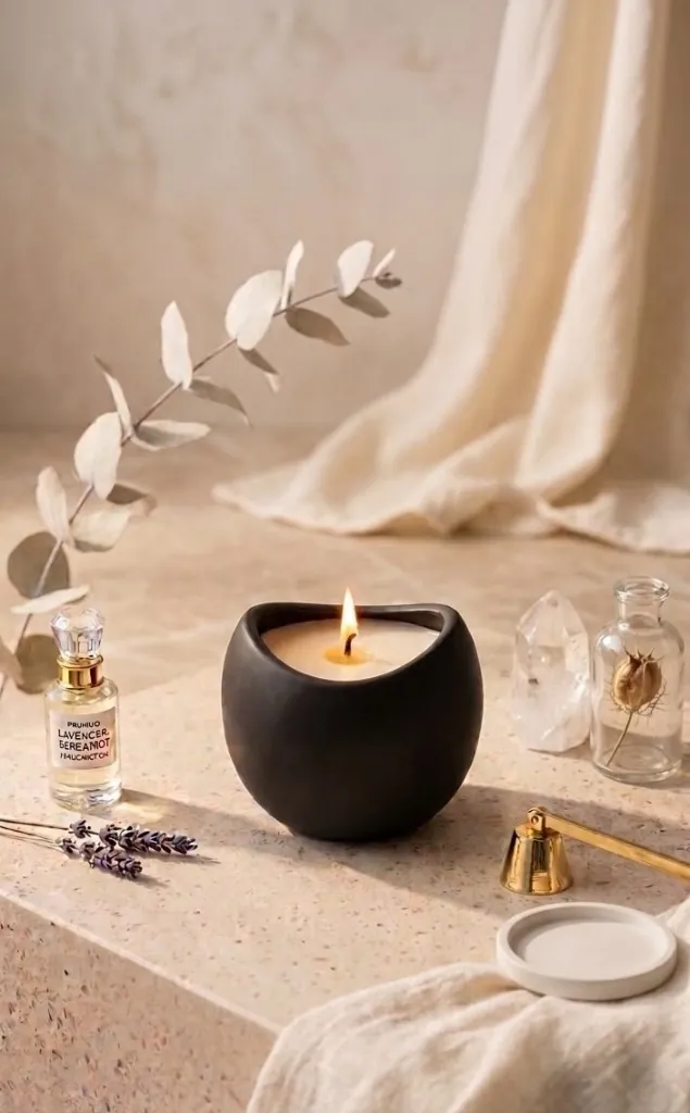 Lit candle in a matte black bowl