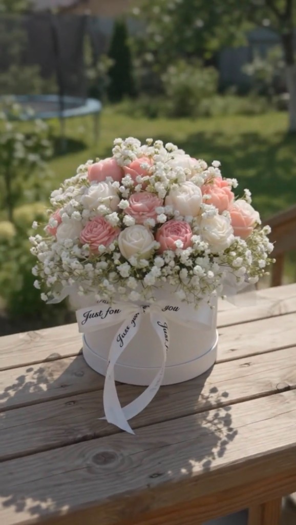 Pink and white rose candle bouquet in a Just for you gift box